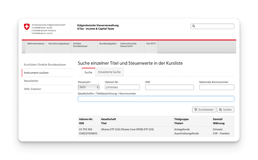 Search for ISIN number and find ISIN number throughout Switzerland using the security number for the tax return Instructions Declaration of securities Shares Funds