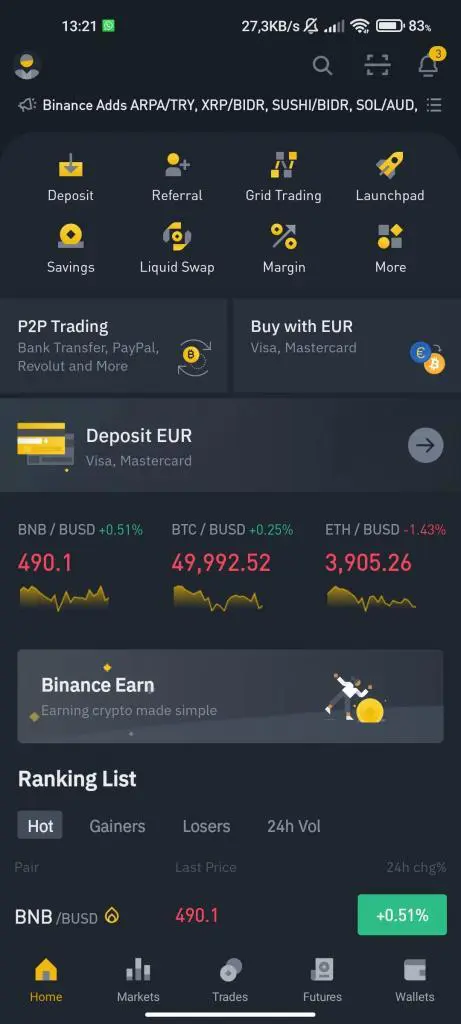 Mobile App Binance Test Übersicht